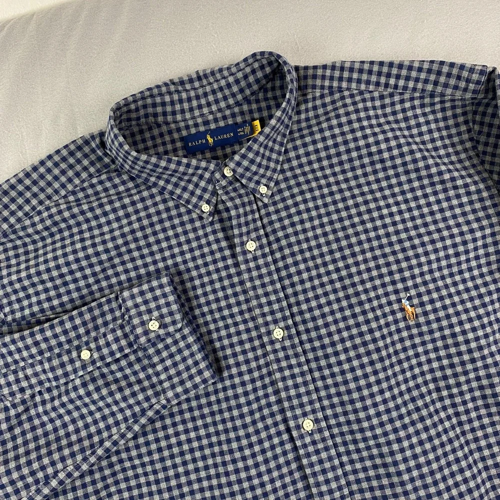 Polo Ralph Lauren Shirt Mens 4XLT Tall Gray Blue check Casual flesh pony